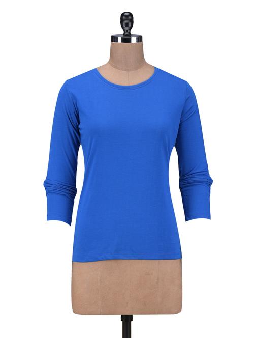 Solid Blue Cotton Full Sleeves Top - 1261565 - Very Small Image - 1
