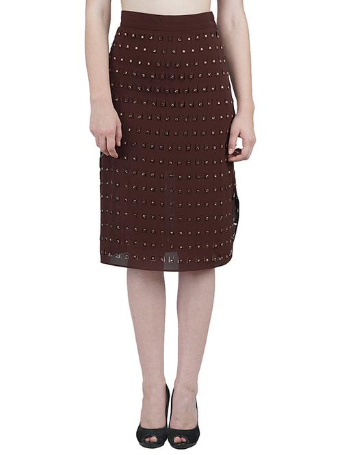 brown embellished georgette pencil skirt - 12639162 - Very Small Image - 1