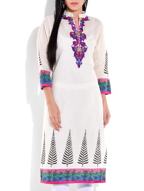 Off White Embroidered Cotton Kurti - 1264059 - Very Small Image - 1