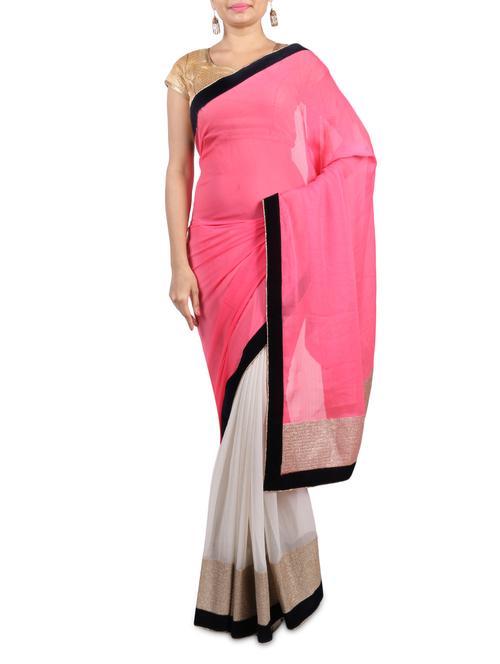 pink and white georgette saree with sequined border - 1265334 - Very Small Image - 1
