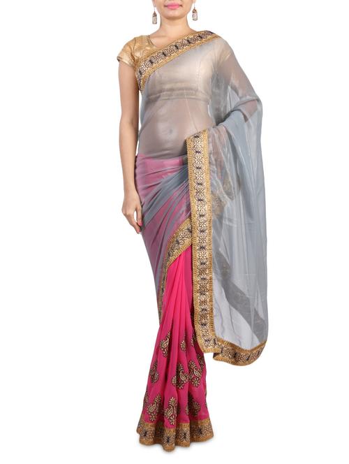 grey and pink damask embroidered georgette saree - 1265343 - Very Small Image - 1