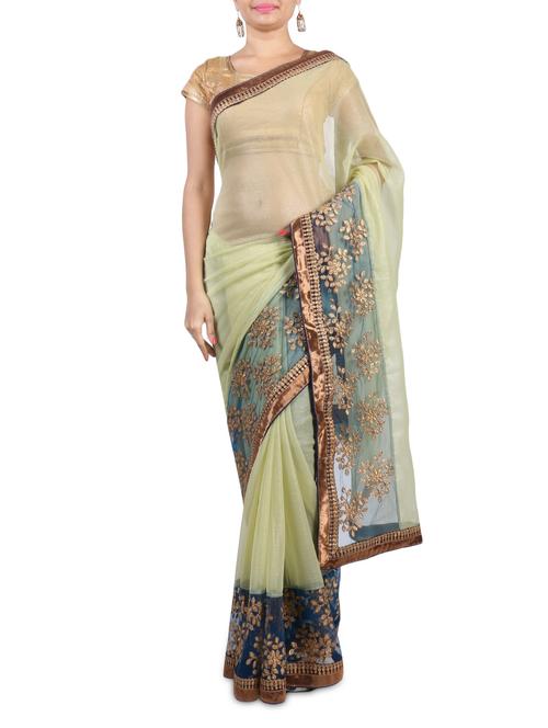lemon green floral embroidered georgette saree - 1265345 - Very Small Image - 1