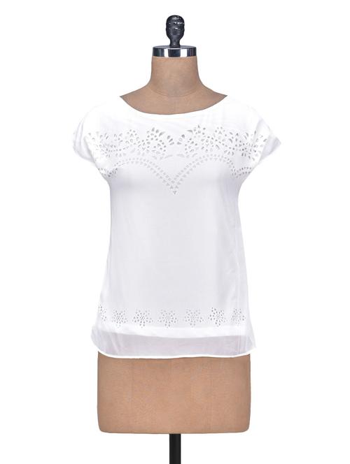 White Poly Georgette and Knitted Cotton Top with Cutwork - 1266538 - Very Small Image - 1