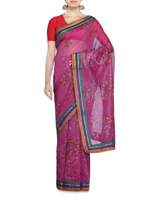 pink supernet embroidered sari - 1269190 - Very Small Image - 1