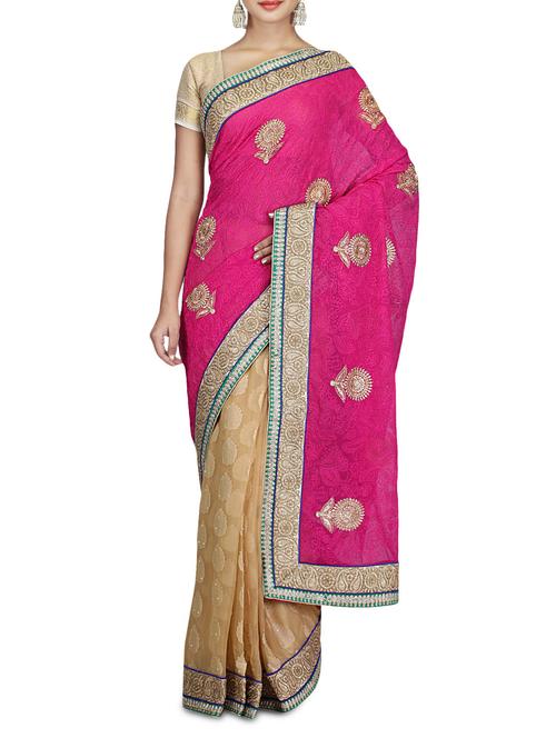 fuchsia and beige chiffon brasso saree - 1272196 - Very Small Image - 1