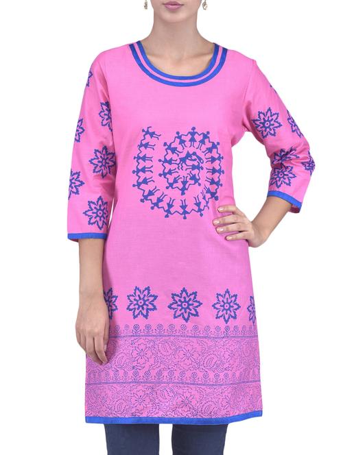 pink warli printed cotton straight kurta - 1274120 - Very Small Image - 1