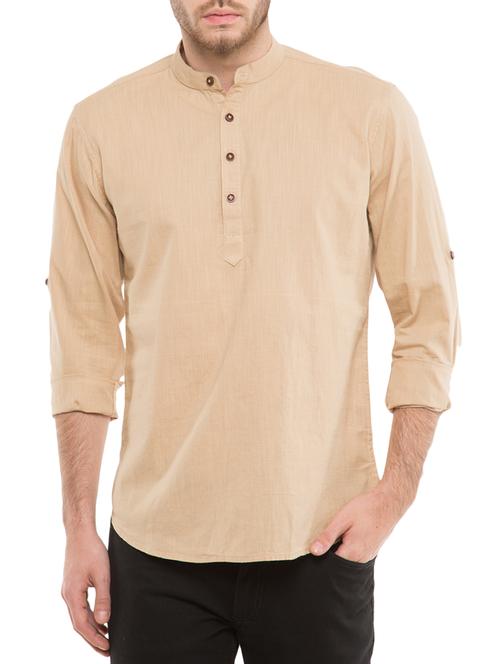 solid beige cotton kurta - 12754334 - Very Small Image - 1