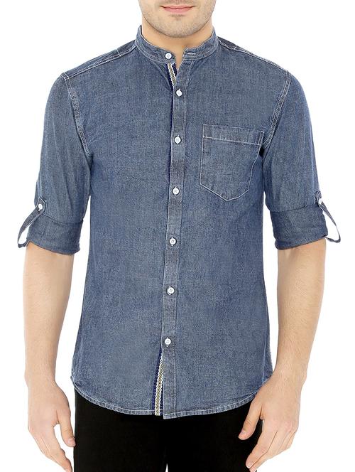 dark blue denim casual shirt - 12777309 - Very Small Image - 1
