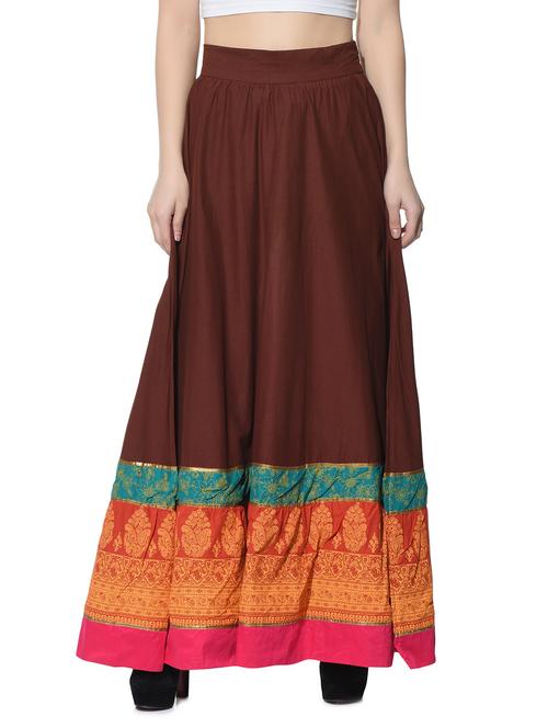 brown printed cotton flared skirt - 12778313 - Very Small Image - 1