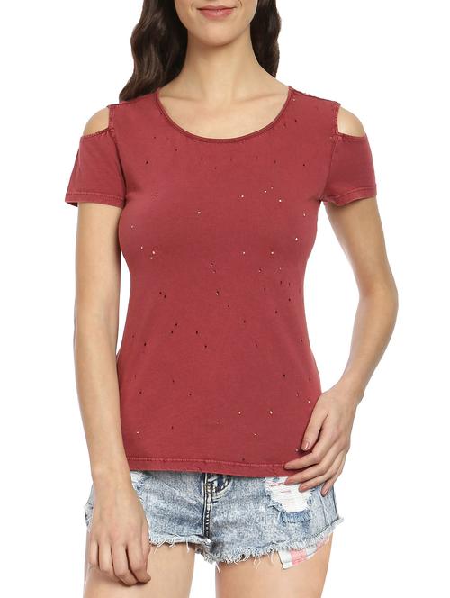 distressed red cold shoulder top - 12779767 - Very Small Image - 1