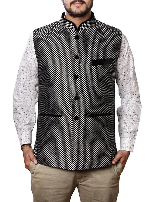 black checked cotton nehru jacket - 12787149 - Very Small Image - 1