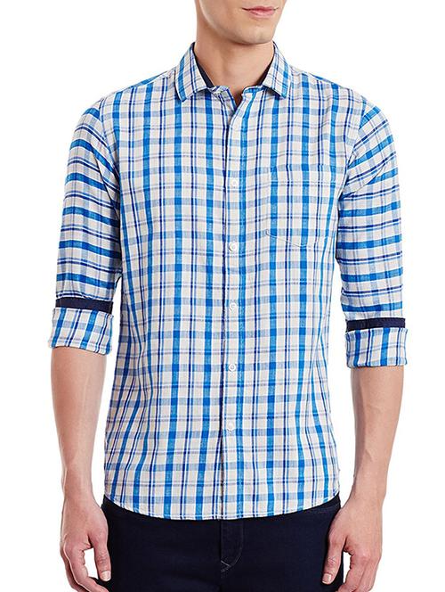 blue cotton casual checked shirt - 12811784 - Very Small Image - 1