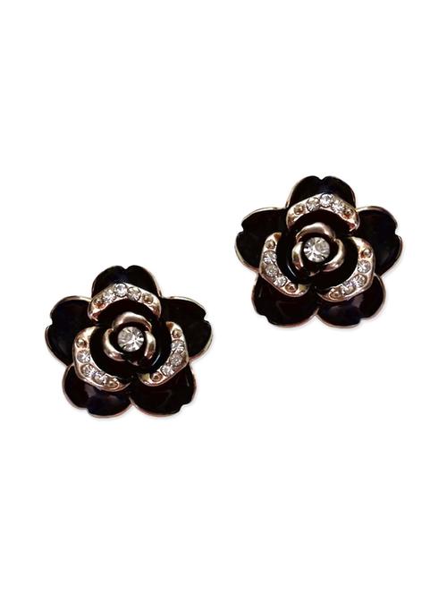 trendy black colour floral design rhinestones stud earrings - 12821739 - Very Small Image - 1