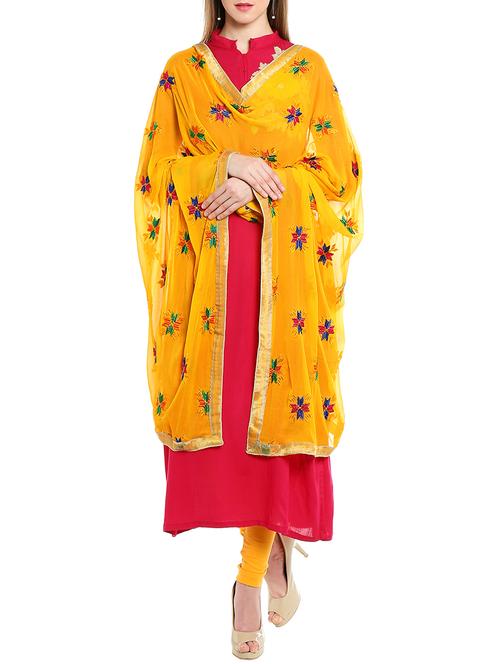 yellow chiffon phulkari dupatta - 12826646 - Very Small Image - 1