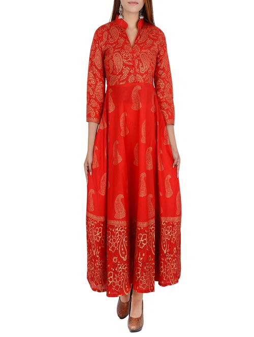 red cotton flared kurta - 12838428 - Very Small Image - 1