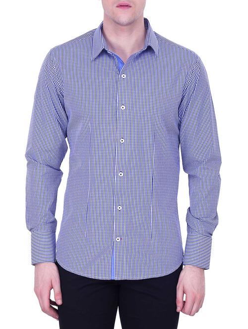 navy blue cotton checked casual shirt - 12848888 - Very Small Image - 1