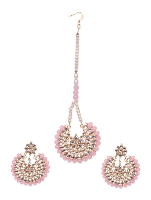 pink kundan embellished earrings and maang tika set - 12919687 - Very Small Image - 1