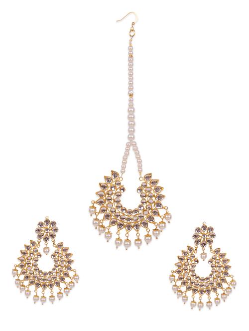 white kundan embellished earrings and maang tika set - 12919693 - Very Small Image - 1