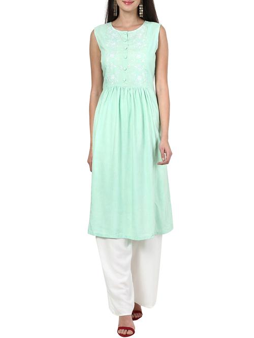green rayon aline kurta - 12934073 - Very Small Image - 1