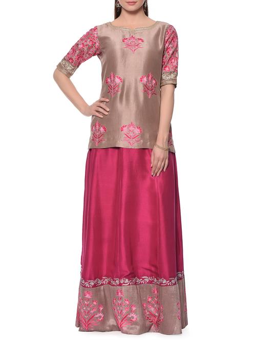 taupe and pink embroidered lehenga set - 12967100 - Very Small Image - 1