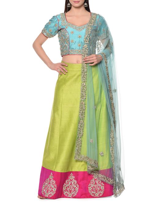 lime and blue embroidered stitched lehenga set - 12967101 - Very Small Image - 1