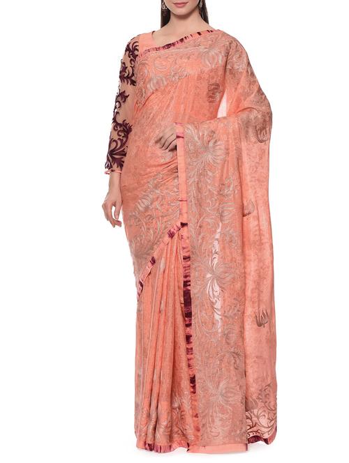 peach crepe embroidered saree with blouse - 12967115 - Very Small Image - 1