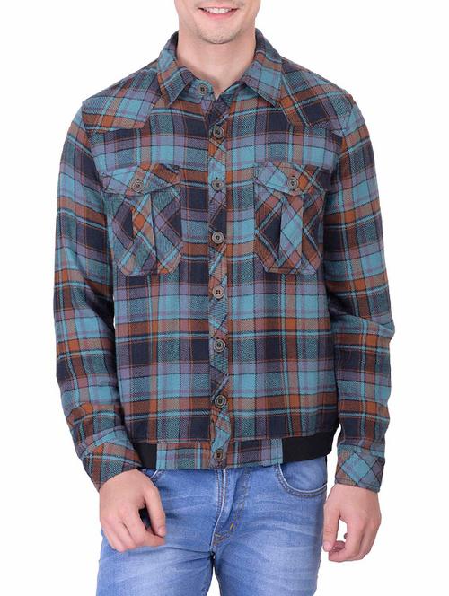 blue cotton checked casual jacket - 12970603 - Very Small Image - 1