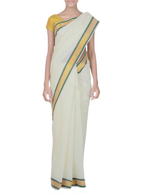 white cotton printed jacquard kasavu saree - 1297907 - Very Small Image - 1