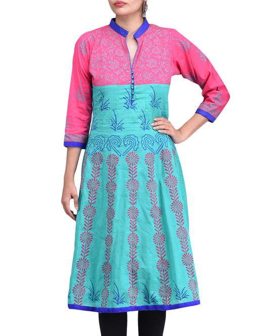 blue cotton block printed anarkali kurta - 1297966 - Very Small Image - 1