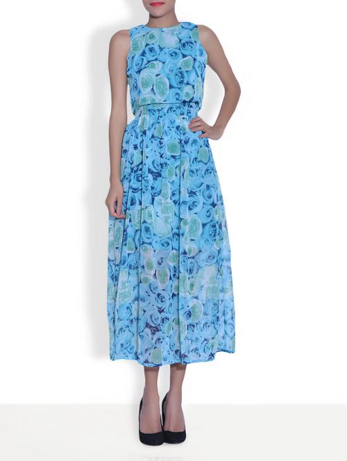 blue georgette floral printed sleeveless a-line dress - 1299341 - Very Small Image - 1