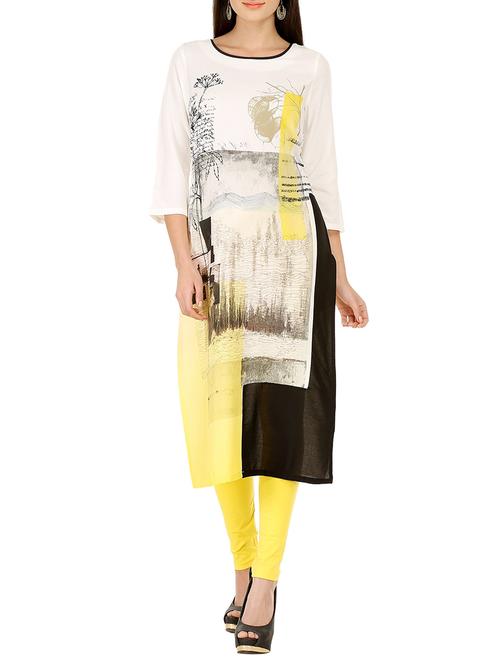 cream,yellow & black rayon straight kurta - 13004453 - Very Small Image - 1