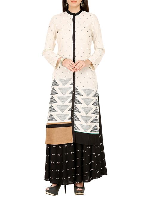cream & black cotton straight kurta - 13004455 - Very Small Image - 1