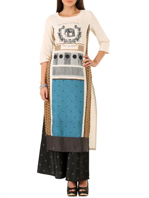 cream cotton long kurta - 13004459 - Very Small Image - 1