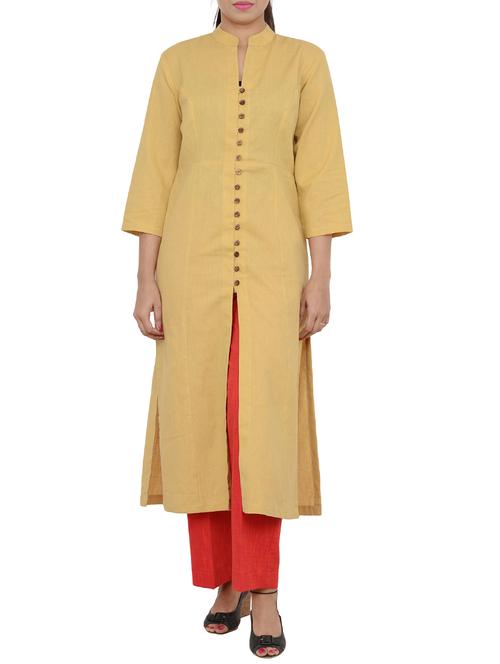 beige cotton long kurta with princess line - 13007748 - Very Small Image - 1