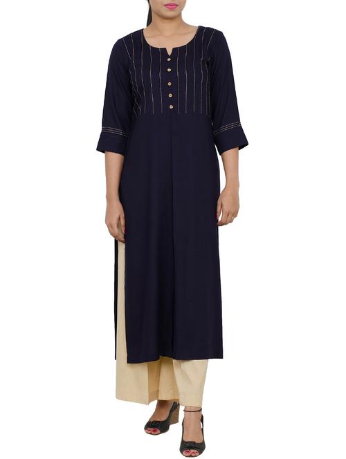 blue rayon long kurta with thread work - 13007765 - Very Small Image - 1
