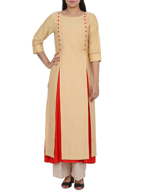 beige art silk high slit kurta - 13007776 - Very Small Image - 1