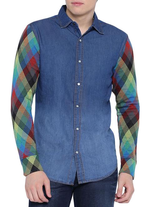 blue denim printed casual shirt - 13007858 - Very Small Image - 1
