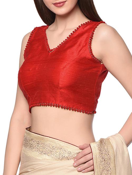 red raw silk blouse with pom pom edging - 13008437 - Very Small Image - 1