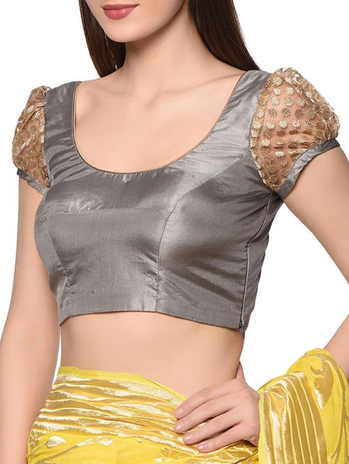 grey silk u neck blouse with sheer gold puffed sleeves - 13008489 - Very Small Image - 1