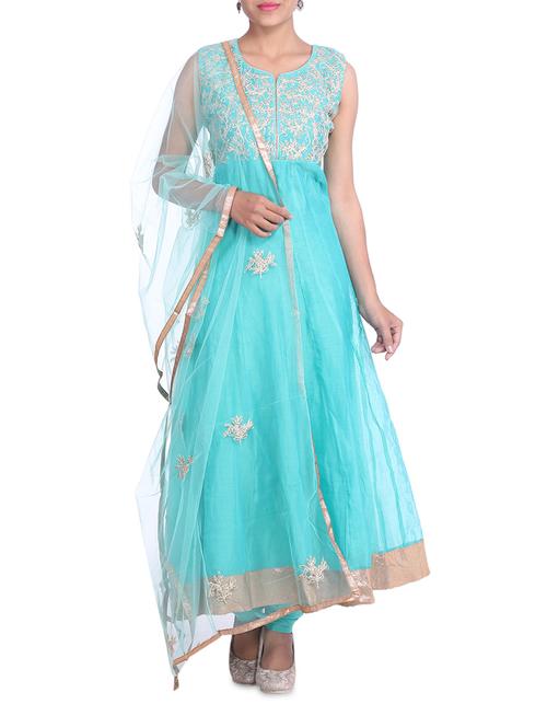 sky blue embroidered chanderi anarkali suit set - 1301002 - Very Small Image - 1