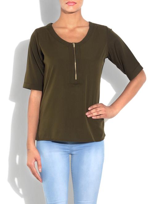 military green poly crepe top with zipper - 1301412 - Very Small Image - 1