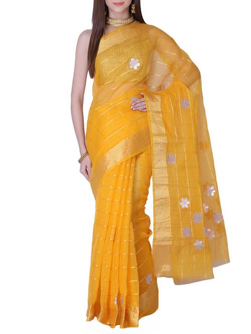 yellow cotton blend gota patti saree with blouse - 13014957 - Very Small Image - 1