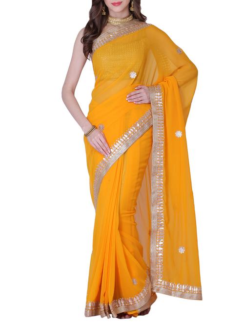 yellow georgette gota patti saree with blouse - 13014972 - Very Small Image - 1