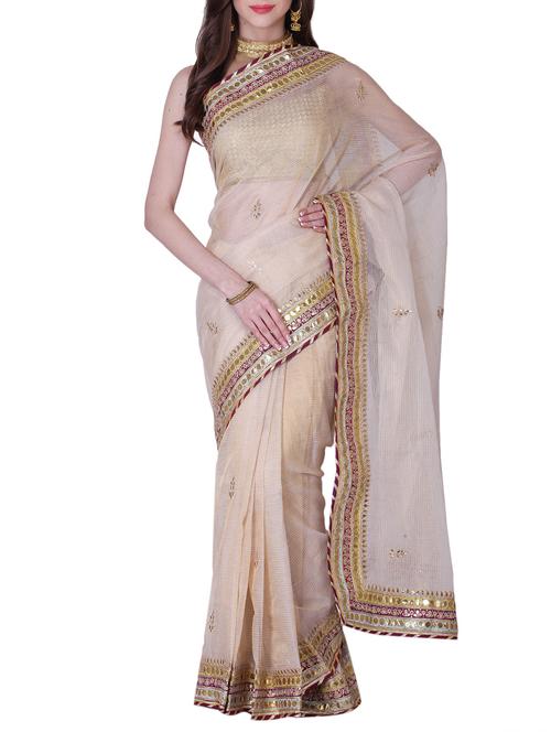beige silk blend gota patti saree with blouse - 13014978 - Very Small Image - 1