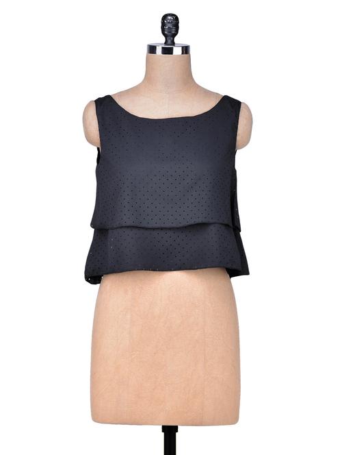 Black Poly Crepe Lazer Cut Crop Top - 1302738 - Very Small Image - 1