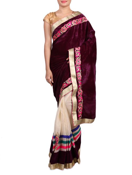 purple embroidered velvet and net saree - 1303377 - Very Small Image - 1