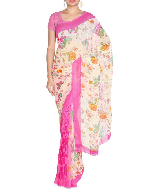 off white floral printed georgette saree - 1303899 - Very Small Image - 1