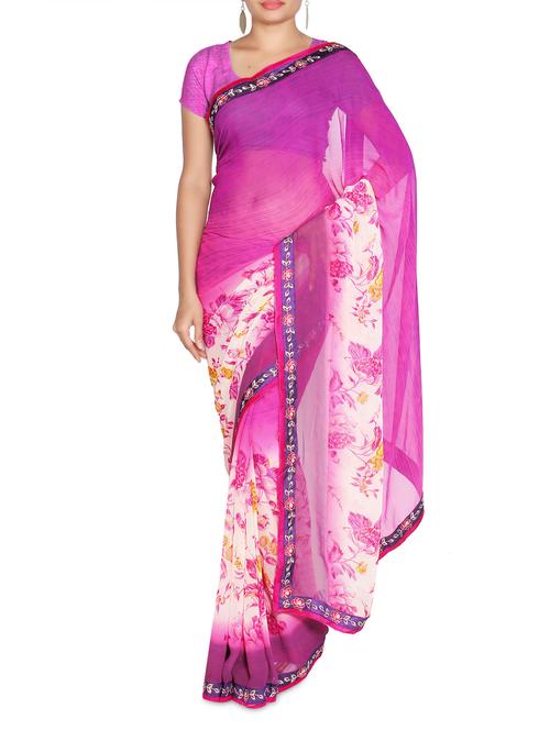 fuschia and white floral printed georgette saree - 1303915 - Very Small Image - 1