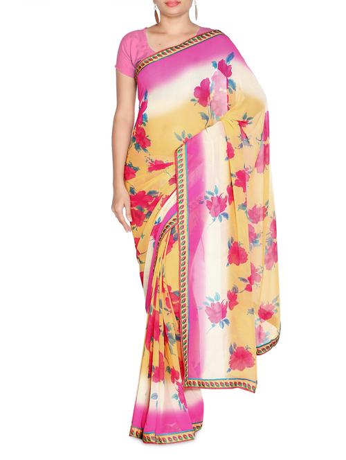 pink and yellow printed georgette saree - 1303919 - Very Small Image - 1