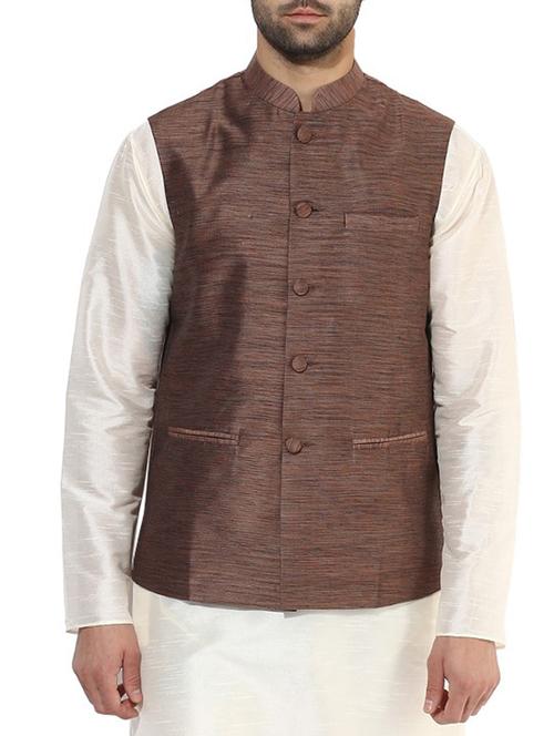 brown silk blend nehru jacket - 13039195 - Very Small Image - 1